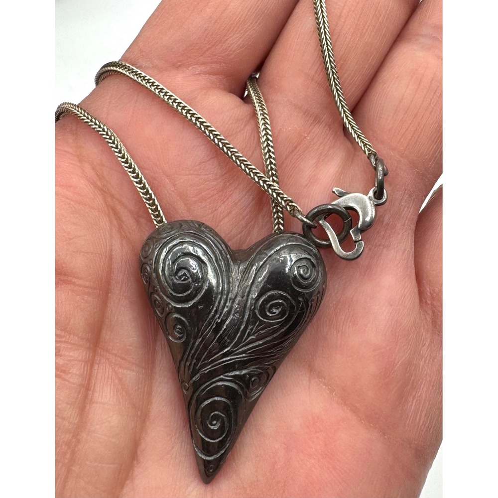 Sterling Silver Scroll Engraved Puffed Heart Pendant Necklace 18 Inch Chain